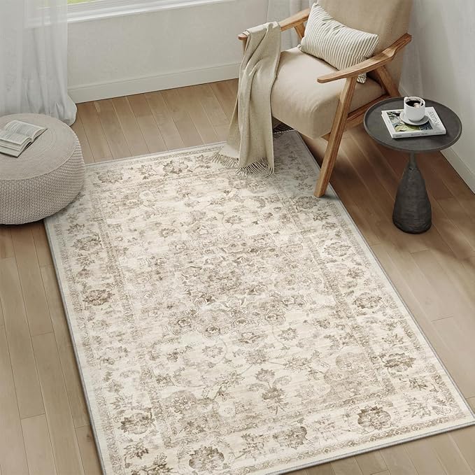 3x5 Washable Neutral Area Rug Beige Vintage Entryway Office Carpet Non-Slip Soft Low Pile Farmhouse Throw Rug for Entrance Living Room Bathroom Dining Room