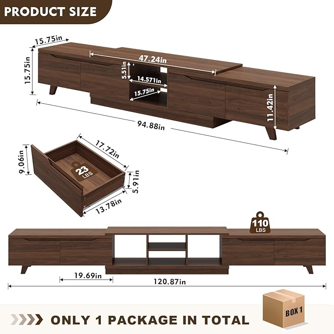 MEISSALIVVE Extendable TV Stand for Up to 120 Inch TV, Modern Entertainment Center with 4 Drawers & 2 Storage Compartments, Adjustable Length (95"-121"), TV Consoles for Living Room (Walnut)