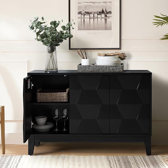 HULALA HOME Modern Kitchen Buffet Cabinet Storage Sideboard with 3D Geometric Design, Freestanding Floor Cabinet with 3 Doors & 2 Adjustable Interior Shelves for Living Room Dining Room Hallway, Black