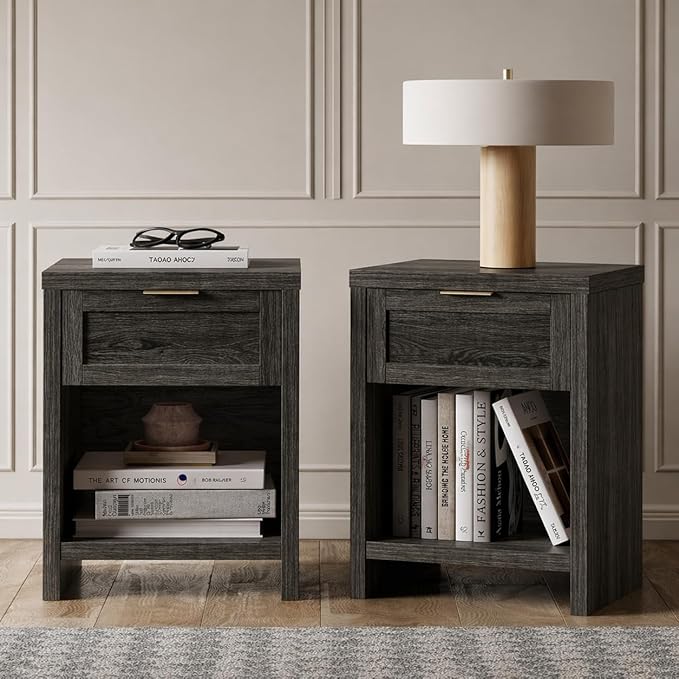 Walsham Natural Nightstand Set of 2 Modern Bedside Tables with Drawer and Storage Shelf Farmhouse Side End Tables for Bedroom Sofa, (Black Oak, 2 Set)