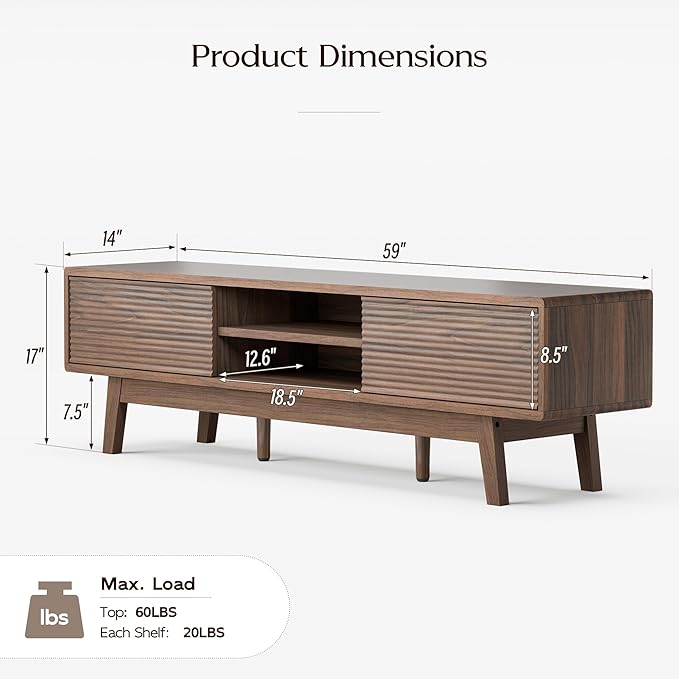 TOLEAD 59" TV Console, Mid Century Modern Media Console for 55/60/65 Inch TV, Low Profile TV Stand with Fluted Sliding Doors, Boho Light Wood Credenza for Living Room, Walnut