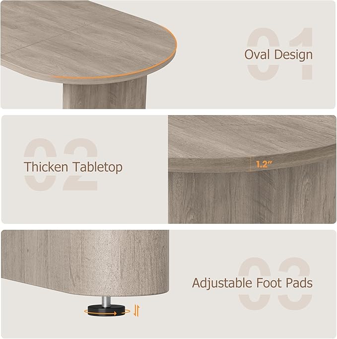 GarveeHome Oval Dining Table for 6-8 People, Long Large Kitchen Table with Thick Sturdy Wooden Base, Farmhouse Dining Room Table for for Kitchen, Living Room, Office (63" Long,Gray)