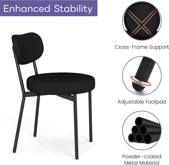 Murago Dining Chairs Set of 2 pcs, Boucle Comfortable Upholstered Seat Fabric with Curved Backrest, Mid Century Modern Contemporary Scandinavian Designer Chairs Ideal for Dining Room, Kitchen, Black