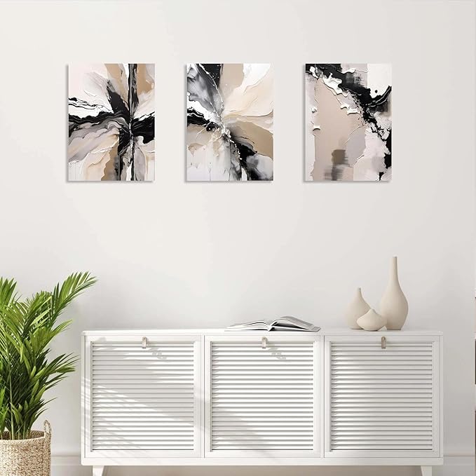 3 Piece Wall Art Framed Canvas Wall Art Modern Abstract Neutral Black White Beige Paint Splash Pictures Wall Decor for Living Room Bedroom Office Wal Decor Room Decor with Hooks and Nails 12x16 Inch