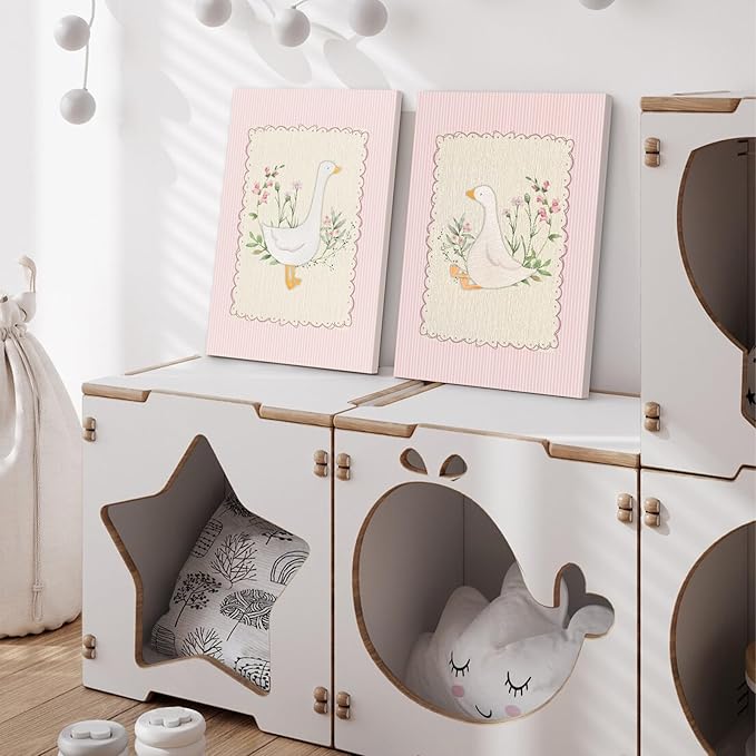 Vintage Nursery Wall Art Silly Goose Canvas Poster Pink Coquette Wall Decor Girls Room Pictures Baby Kids Poster Cute Animal Prints Floral Painting Artwork for Gallery Bedroom 16x24 Inch Ready to Hang