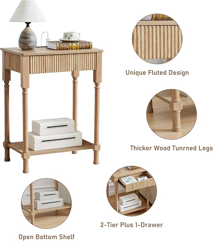 XUZENEST Fluted Nightstand with Charging Station, 23.6” Large Bed Side Table End Table with Drawer, Modern Mid Century Solid Wood Legs Night Stands Bedside for Bedroom Living Room Sofa Office, Natural
