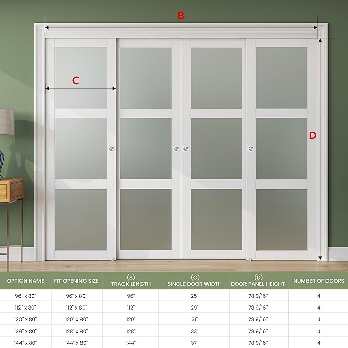 SMARTSTANDARD Sliding Closet Door 96x80(Double 48") Inch, Bypass Frosted Glass 3-Lite,Hardware Kit with Handles Included, Preassembled MDF with PVC Panels for Easy Install, White