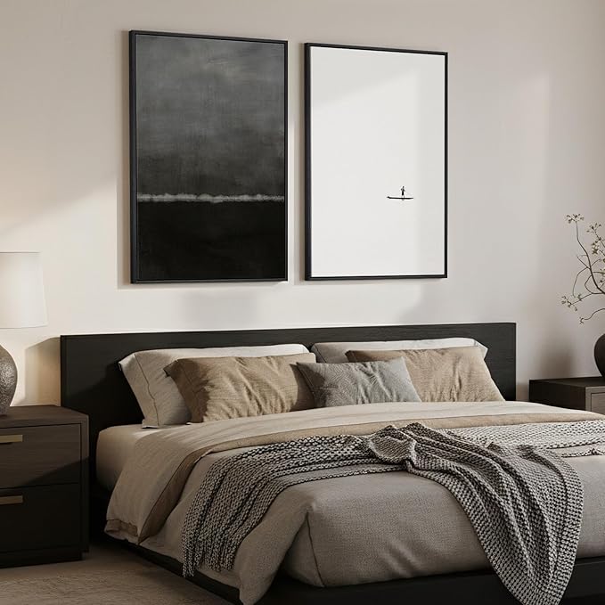 Framed Black and White Abstract Wall Art for Living Room, Large Set of 2 Minimalist Modern Canvas Prints for Walls, Seascape Horizon Pictures for Bedroom Dining Room Hallway Office Wall Decor 24x36 In