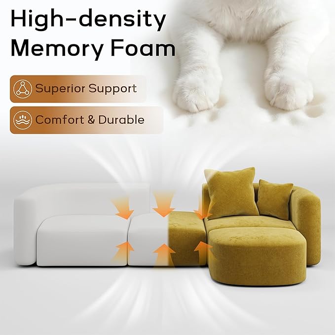 116" Modular Sectional Couches with Ottoman, Luxury Modern Curved Back Sofa, Minimalist Style Oversized 4 Seat Deep Comfy Convertible L Shape Boneless Couch for Living Room Office Apartment, Yellow