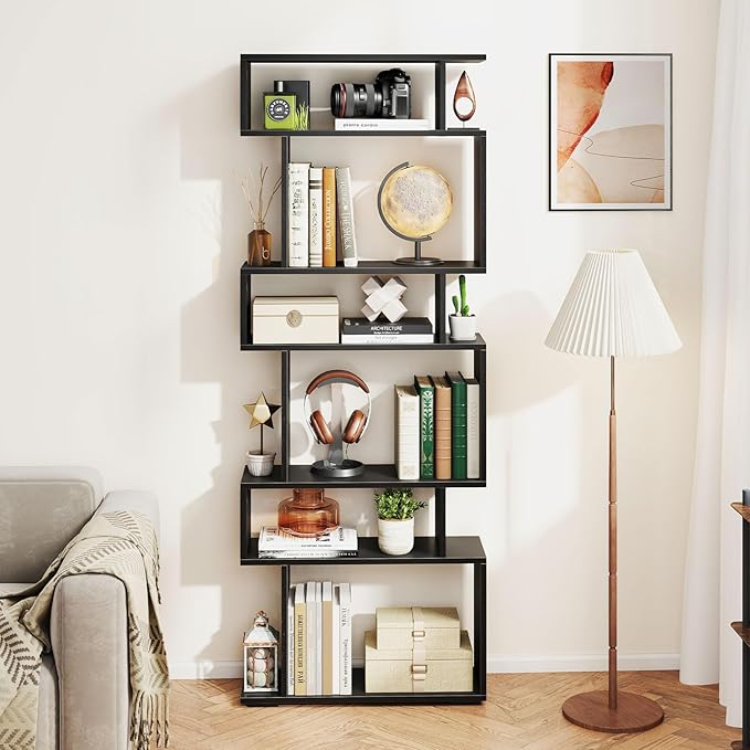 Giantex 6-Tier Geometric Bookshelves Set of 2, S-Shaped Bookcase with 2 Anti-Tipping Kits, Wooden Display Shelf, Decorative Storage Shelving Unit, Home Storage Organizer for Office Living Room, Black