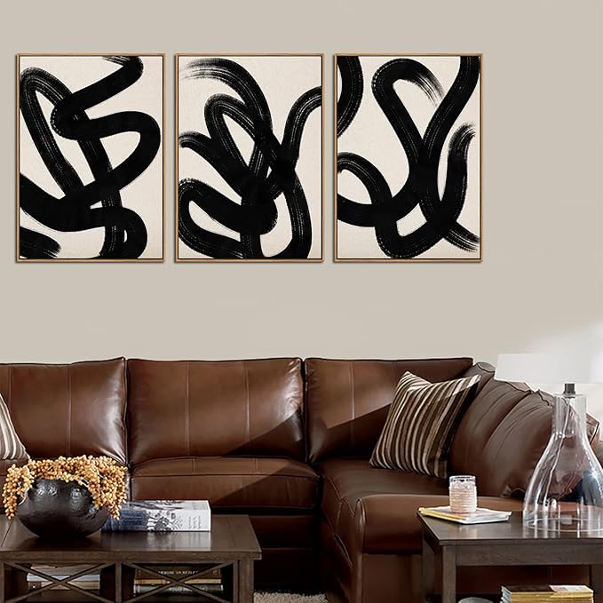 Framed Wall Art Canvas Set Abstract Lines Pictures Modern Mid Century Boho Wall Decor Minimalist Abstract Black Stroke Lines Canvas Painting Artwork Living Room Bedroom Home Office 20"x28"x3 Natural