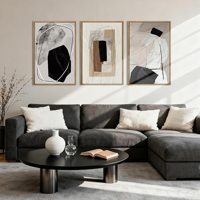 Anyzal Large Black Abstract Framed Wall Art 16x24 Inch Modern Neutral Canvas Wall Decor Beige Grey Minimalist Painting for Living room Bedroom Dining room Set of 3
