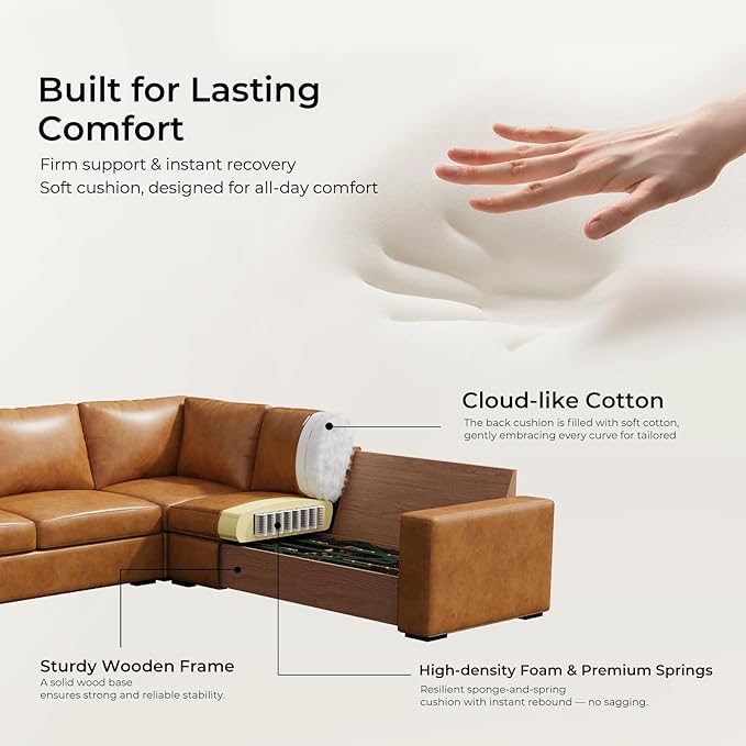 ELUCHANG 113" V-Shaped Modular Sectional Sofa Couch, Modern 7-Seat Premium Faux Leather Deep Seat Sofa with Corner, Removable Cover, Easy Assembly, Large Sofas & Couches for Living Room, Office, Brown | Spring Cushions, Easy to Clean