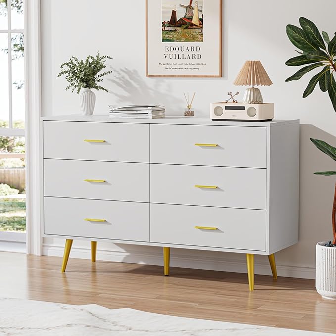 CARPETNAL White Dresser for Bedroom, 6 Drawer Dresser with Wide Drawers and Gold Metal Handles, Wood Dressers & Chest of Hallway, Entryway.