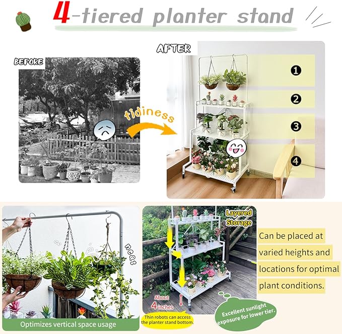 lumizone Foldable 4-Tier Plant Stand Indoor Outdoor Hanging Plant Shelf No Assembly Required Pot Placement Area With Wheels Sturdy Fall Prevention Storage Shelf Flower Pot Stand(4 Tier-White)