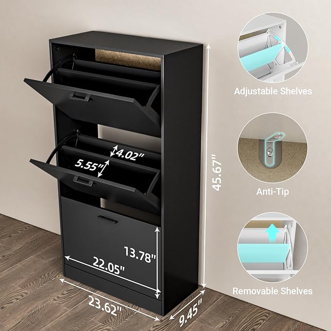 Shoe Cabinet with 3 Flip Drawers, Narrow Freestanding Shoe Organizer, Hidden Slim Shoe Storage Cabinet for Entryway, Hallway, Living Room, Black
