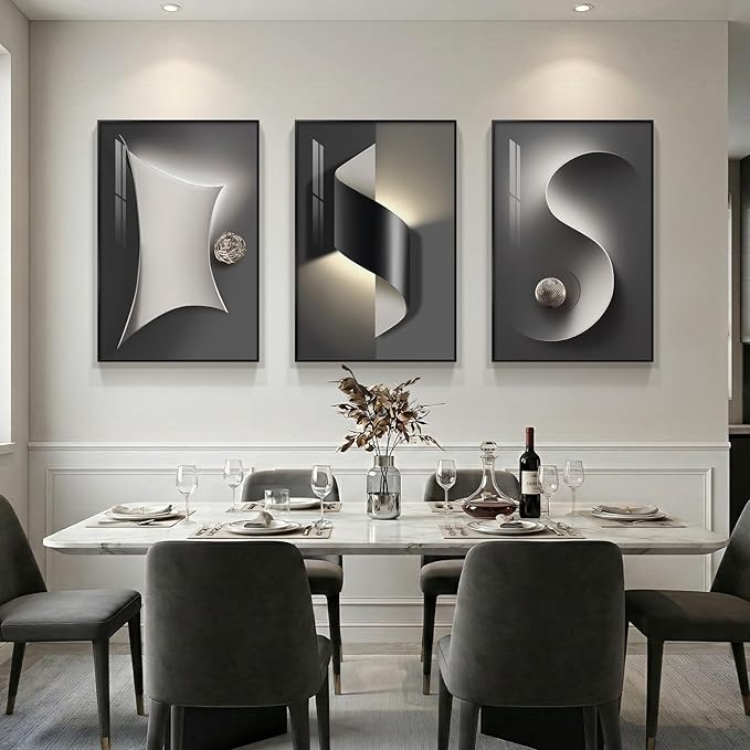 3 Piece Framed Black and White Abstract Wall Art for Living Room, Large Modern Minimalist Geometric Picture Prints Paintings, Bright Style Luxury Artwork for Bedroom Dining Room Wall Decor 20x30 Inch