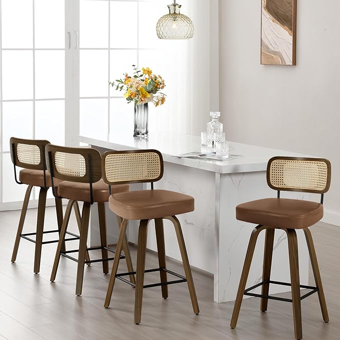 Bekrvio Swivel Counter Height Bar Stools Set of 4, Upholstered Faux Leather Barstools with Rattan Back, 26" Seat Height Bar Chairs for Kitchen Island, Bentwood Wood Frame, Brown