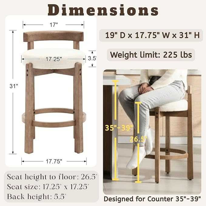 LukeAlon Linen Counter Stools Set of 5, Upholstered 26.5” Seat Height Low Barstools with Natural Wood Legs Round Low Back Kitchen Stools with Footrest for Dining Room Bar Coffee Shop, Beige