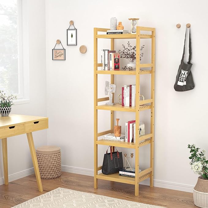 Homykic Bamboo Bookshelf, 5-Tier Narrow 55.9” Adjustable Book Shelf Bookcase Bathroom Shelves Freestanding Storage Stand for Living Room, Bedroom, Kitchen, Rust Resistance, Easy Assembly, Natural