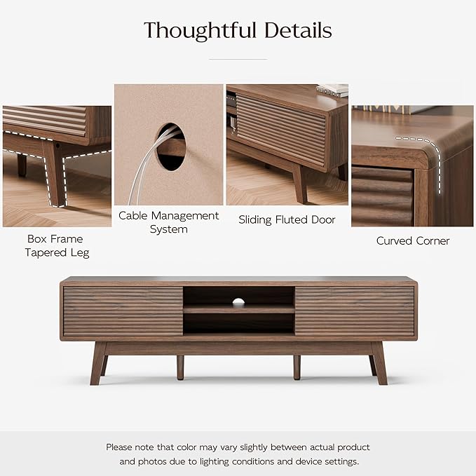 TOLEAD 59" TV Console, Mid Century Modern Media Console for 55/60/65 Inch TV, Low Profile TV Stand with Fluted Sliding Doors, Boho Light Wood Credenza for Living Room, Walnut