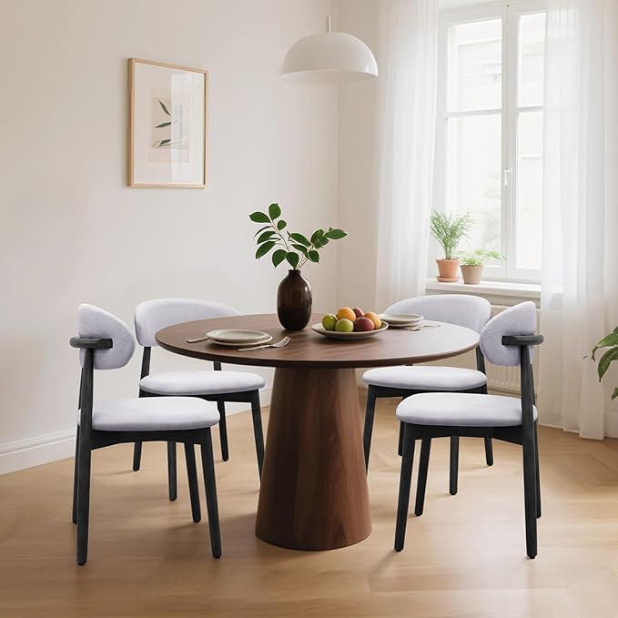 Farmhouse Dining Chairs Set of 4, Mid Century Modern Fabric Upholstered Kitchen Chairs, Wooden Dining Room Chair with Curved Back&Black Legs for Kitchen Dining Room Restaurant Cafe, Blue (Only Chairs)
