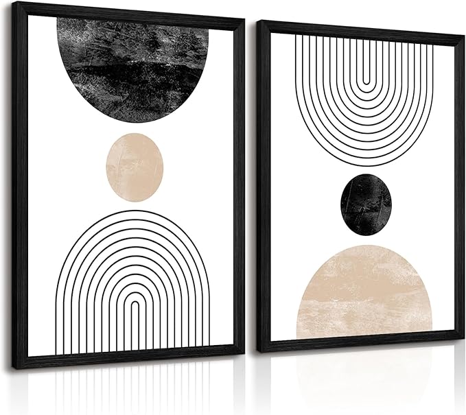Mid Century Modern Wall Art Prints Set of 2 Neutral Abstract Geometric Wall Art Boho Canvas Prints Mid Century Eoind Wall Decor Modern Abstract Pictures Artwork for Home Room 12x16 Inch Black Framed