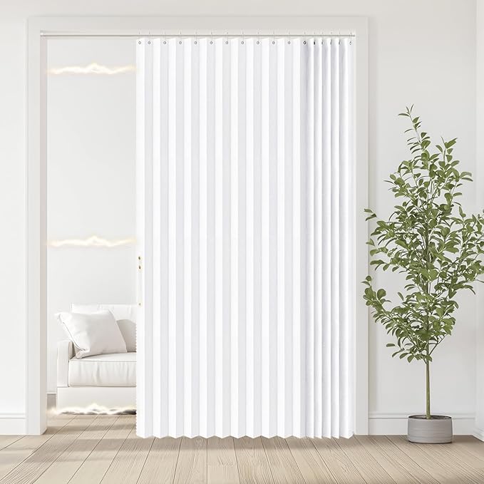 Jilron Accordian Door Curtain, 100% Blackout Folding Magnetic Doorway Curtains,Linen Style Closet Doors,for Room Divider,Privacy Protection（W72 x L78,White,1 Panel）