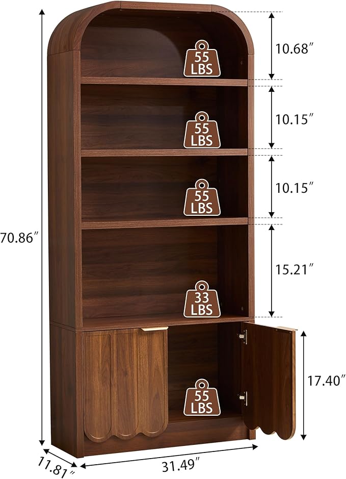 70" Tall Arched Bookshelf with Storage Cabinet Set of 2, Modern 4-Tier Wood Bookcase with Scalloped Doors & Gold Handles, Open Display Shelves for Living Room, Bedroom, or Home Study Office (Walnut)