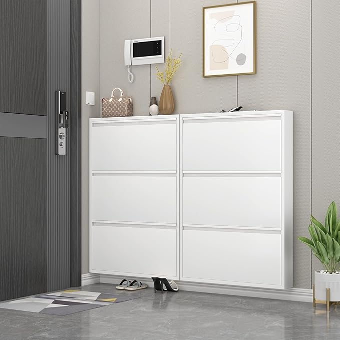 LUCYPAL White Shoe Cabinet Storage for Entryway,Slim Shoe Cabinets with 3 Flip Drawers,Metal Hidden Wall Shoe Cabinet for Living Room,Bedroom,Apartment 43" H*31.5" W*6" D