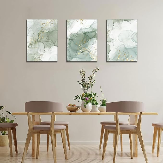 Sage Green Canvas Wall Art Set of 3 Abstract Green Gold Marble Line Wall Decor Pictures Neutral Modern Minimalist Posters Prints for Living Room Bedroom Home Decoration 12x16in