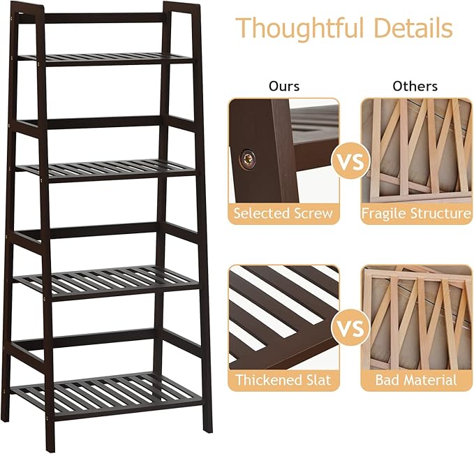 COSTWAY 4-Tier Ladder Shelf, Bamboo Plant Stand Rack, Freestanding Bookshelf, Multifunctional Storage Shelves, Flower Stand Rack Holder for Garden, Balcony, Living Room, Bedroom (Coffee)