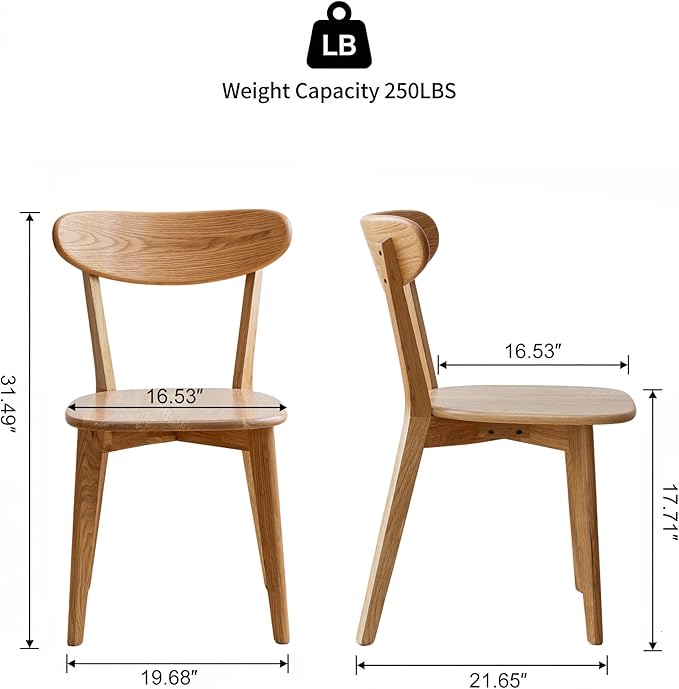 100% Solid Wood Dining Chairs Set of 2, Mid Century Modern with Wide Rounded Backrest, Chairs for Dining Room, Kitchen Chairs, Original Wood Color