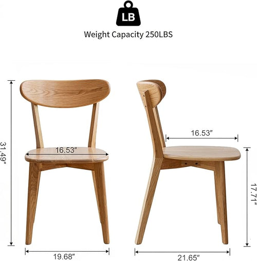 100% Solid Wood Dining Chairs Set of 2, Mid Century Modern with Wide Rounded Backrest, Chairs for Dining Room, Kitchen Chairs, Original Wood Color