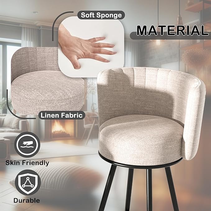 HONIFUR Bar Stools Set of 6, 27" Tufted Modern Counter Height Bar Stools, Upholstered Barstools with Back & Footrest Metal Legs, Stools for Kitchen Island, Counter, Cafes, Dining Room (Beige)