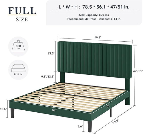 Allewie Full Bed Frame, Velvet Upholstered Platform Bed with Adjustable Vertical Channel Tufted Headboard, Mattress Foundation with Strong Wooden Slats, Box Spring Optional, Easy Assembly, Green