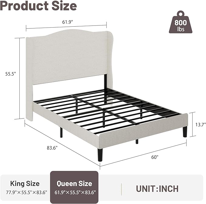 Queen Bed Frame with Extra Tall 55.5" Wingback Headboard, White Boucle Upholstered Platform Bed Frame, Modern Cloud Bed, Noise-Free, Metal Slats Support, No Box Spring Needed