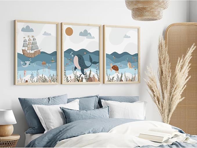 Ocean Nursery Wall Art Pictures Blue Nautical Canvas Art Beach Animal Wall Decor Baby Boys Room Wall Art Sea Whale Prints Ocean Nautical Poster for Nursery Baby Room 16x24 Inch Set of 3 Unframed