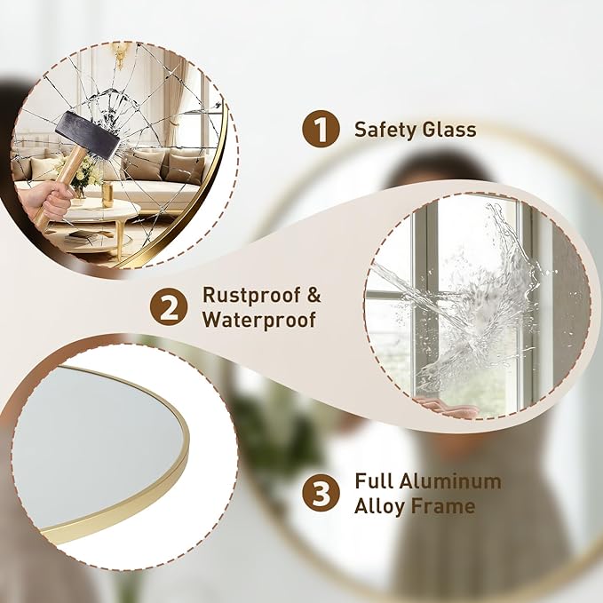 NEWBULIG 24 Inch Round Wall Mirror, Bathroom Mirror for Over Sink, Matte Metal Framed Circle Vanity Mirror, Wall Decor for Bedroom, Entryway, Anti-Rust, Tempered Glass, Hanging or Leaning, Gold