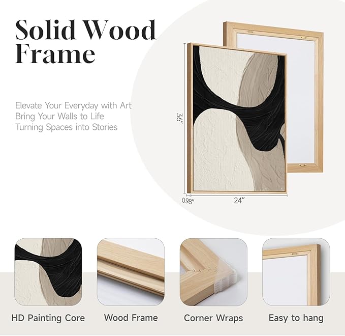 Large Framed Neutral Abstract Wall Art for Living Room, 3 Piece Black and Beige Canvas Artwork for Walls, Abstract Modern Minimalist Painting Prints Wall Decor for Bedroom Dining Room Office, 24x36 In