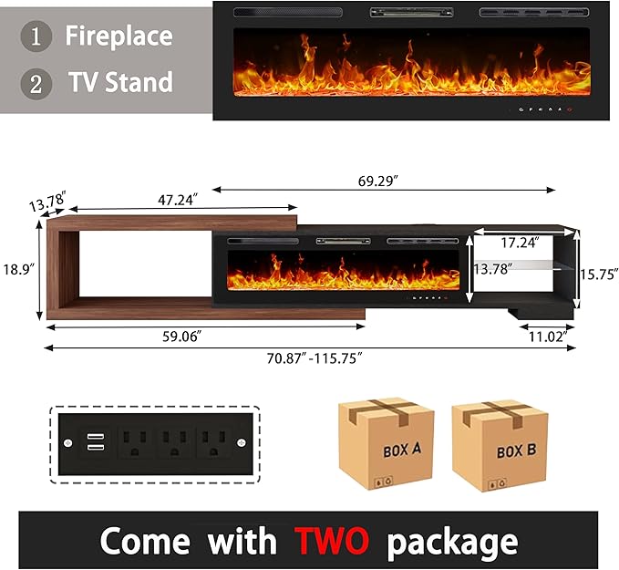 Extendable TV Stand with 50" Electric Fireplace, 71"-116" Long TV Console for Up to 120 Inch TV, Modern LED Entertainment Center with Glass Shelf for Living Room Bedroom, Black & Walnut