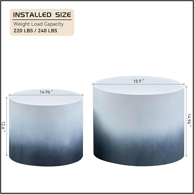 WILLIAMSPACE 18.9" Gradient Color Nesting Coffee Table Set of 2 for Living Room, Modern Round Coffee Tables Accent Circle Tea Table Set for Small Space, No Assembling, White + Blue