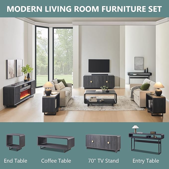 IFGET Modern Buffet Cabinet with Storage, 70" Large Sideboard Buffet Storage Cabinet with 4 Doors and Adjustable Shleves, Wooden Curved Coffee Bar for Dining Room, Kitchen, Living Room, Dark Grey