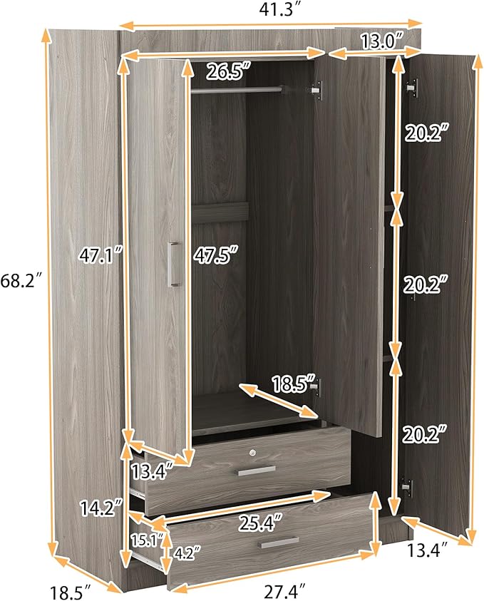 Merax 3 Doors Wardrobe Clothes Organizer with 2 Drawers, 41.3" Small Closet Organizer with Hanging Rail, Wood Storage Closet with 3 Shelves, Gray