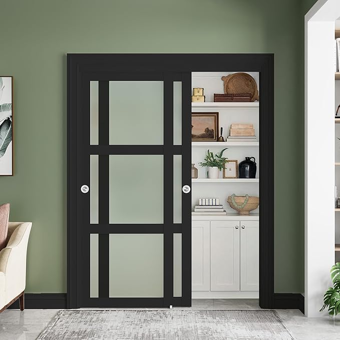 SMARTSTANDARD Sliding Closet Door 60x80(Double 31") Inch, Bypass Frosted Glass 3-Lite,Hardware Kit with Handles Included, Preassembled MDF with PVC Panels for Easy Install, Black