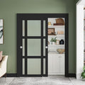 SMARTSTANDARD Sliding Closet Door 60x80(Double 31") Inch, Bypass Frosted Glass 3-Lite,Hardware Kit with Handles Included, Preassembled MDF with PVC Panels for Easy Install, Black