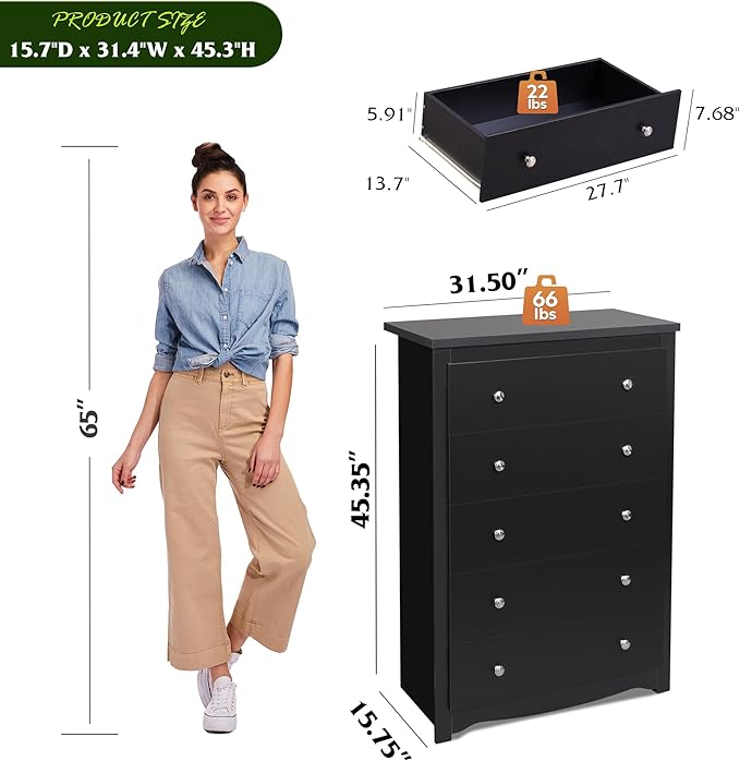 WLIVE Wooden Dresser with 5 Drawers, 45" Tall Black Dresser for Bedroom, Chest of Drawers, Storage Cabinet and Organizer Drawers for Living Room, Hallway, Closet