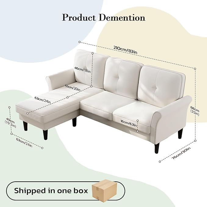 Welzona Sectional Couches for Living Room, 83" Velvet Modern 3 Seater Sofa, L Shaped Couch with Ottoman, Small Sectional Couch Sofas for Living Room, Bedroom, Apartment, Office, Beige Sofa