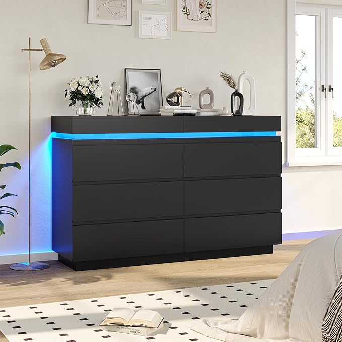 DICTAC Modern 6 Drawer Dresser with Sliding Desktop, Wide Chest of Drawers with Charging Station & LED Lights, Large Storage Tower Clothes Organizer, Black Dresser for Bedroom