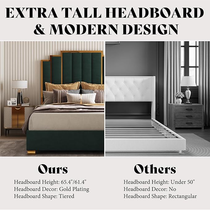 AMERLIFE Queen Size Upholstered Bed, Modern Velvet Bed Frame with 61.4” Tall Gold Trim Headboard, No Box Spring Needed, Green